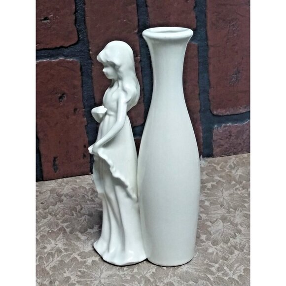 Vintage MCM Bud Vase w/Lady/woman Ceramic 7 3/4" white w/hint of blue Gorgeous - Picture 3 of 9